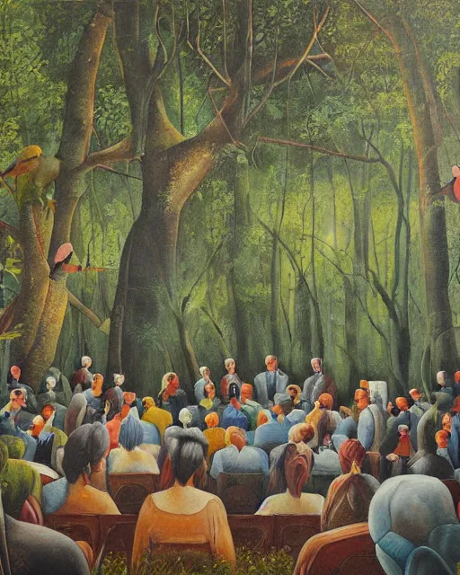 Prompt: a detailed relistic painting of a bird conference in the middle of a forest, an oil painting by benito quinquela martin, behance contest winner, american scene painting, sharp detail, behance contest winner, metaphysical painting, concert poster, poster art