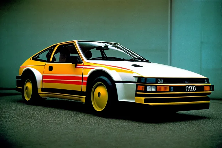 Prompt: designed by giorgetto giugiaro 1 9 8 2 audi rs 8 honda crx, thick neon lights, ektachrome photograph, volumetric lighting, f 8 aperture, cinematic eastman 5 3 8 4 film