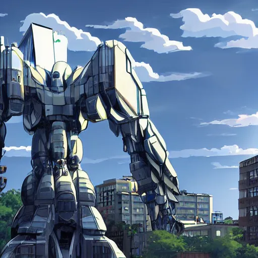 Image similar to A giant robot in the northend neighborhood at boston city in anime style highly detailed by Makoto Shinkai and Raphael Lacoste