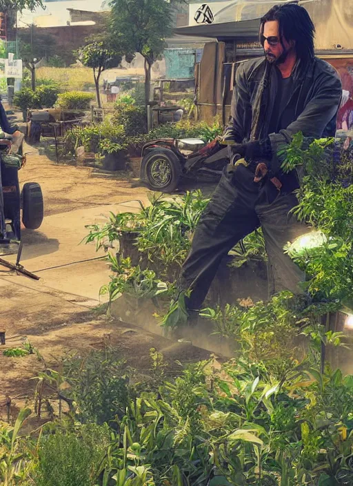 Image similar to wake up samurai we have a community to feed, solarpunk keanu reeves driving a tractor, cyberpunk 2 0 7 7, solarpunk, lots of plants, gardening, permaculture, anarchy, realistic, ultra detailed