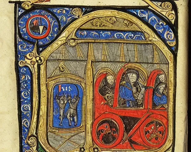 Prompt: Page from illuminated medieval manuscript showing a medieval drawing a rusty Fiat 126p