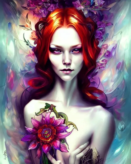 Image similar to Beautiful, evil and playful ethereal ginger portrait, art nouveau, fantasy, intricate flower designs, elegant, highly detailed, sharp focus, art by Artgerm and Yossi Kotler, Carne griffith and WLOP