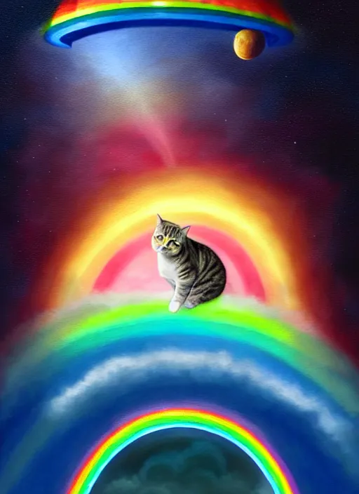 Image similar to a chubby tabby cat surfing on a rainbow in outer space, diffuse lighting, fantasy, intricate, surrealism!!!!, highly detailed, lifelike, photorealistic, digital painting, artstation, illustration, concept art, smooth, sharp focus, by greg rutkowski, chris tulloch mccabe, valentina remenar and asher duran,