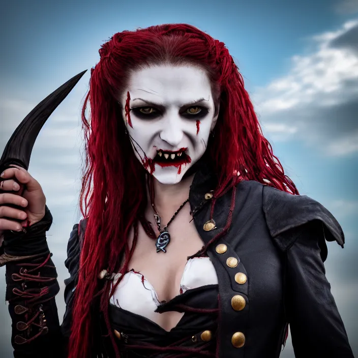 Prompt: professional photograph of a female vampire pirate. Extremely detailed. 8k