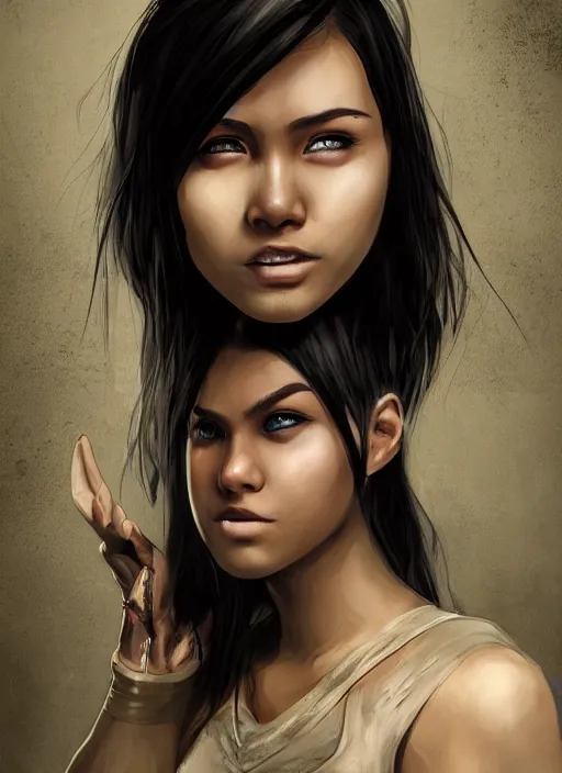 Image similar to An epic fantasy comic book style portrait painting of a young Malaysian woman, expressive, dark piercing eyes, staring at the viewer, tomboy, flat face, pouting, tan skin, beautiful futuristic hair style, monochromatic striped tank top with long sleeves, bare midriff, unreal 5, DAZ, hyperrealistic, octane render, cosplay, RPG portrait, dynamic lighting