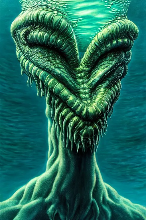 Image similar to hyperrealistic close-up surrealism underwater creature monster!! highly detailed concept art eric zener elson peter cinematic hard green lighting high angle hd 8k sharp shallow depth of field, inspired by David Paul Cronenberg and Zdzisław Beksiński