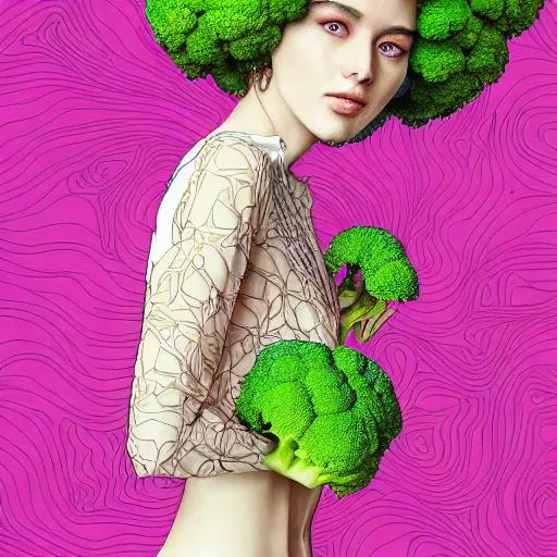 Image similar to the portrait of an unbelievably beautiful and sophisticated young woman made up of broccoli looking straight up, an ultrafine detailed illustration by james jean, intricate linework, bright colors, final fantasy, behance contest winner, vanitas, angular, altermodern, unreal engine 5 highly rendered, global illumination, radiant light, detailed and intricate environment