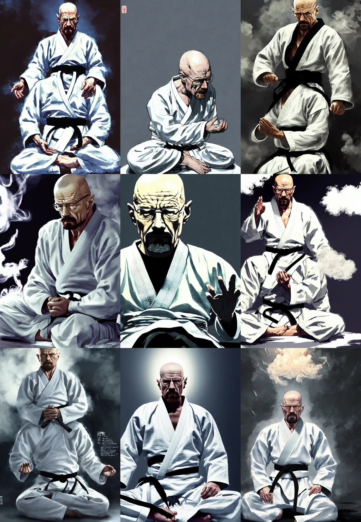 Prompt: Concept art of grandmaster walter white wearing a white martial artist gi, sitting down meditating with eyes closed, bald head and white beard, surrounded by white smoke, smoky, dark background, by Chen Uen, art by Yoji Shinkawa, 4k