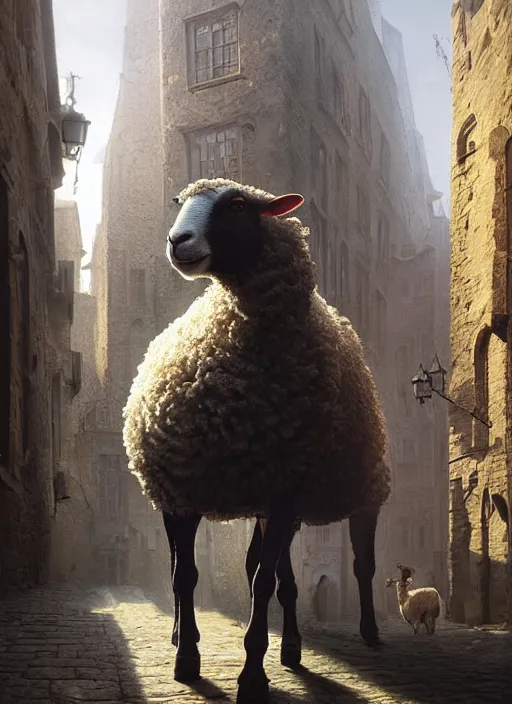 Prompt: portrait of a sheep standing in a medieval street, highly detailed, fantasy, godrays, cinematic lighting, close up, volumetric, realistic, digital art by greg rutkowski