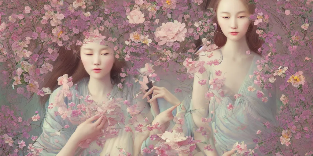 Image similar to breathtaking delicate detailed concept art painting pattern blend of flowers and girls, by hsiao - ron cheng, bizarre compositions, exquisite detail, pastel colors, 8 k