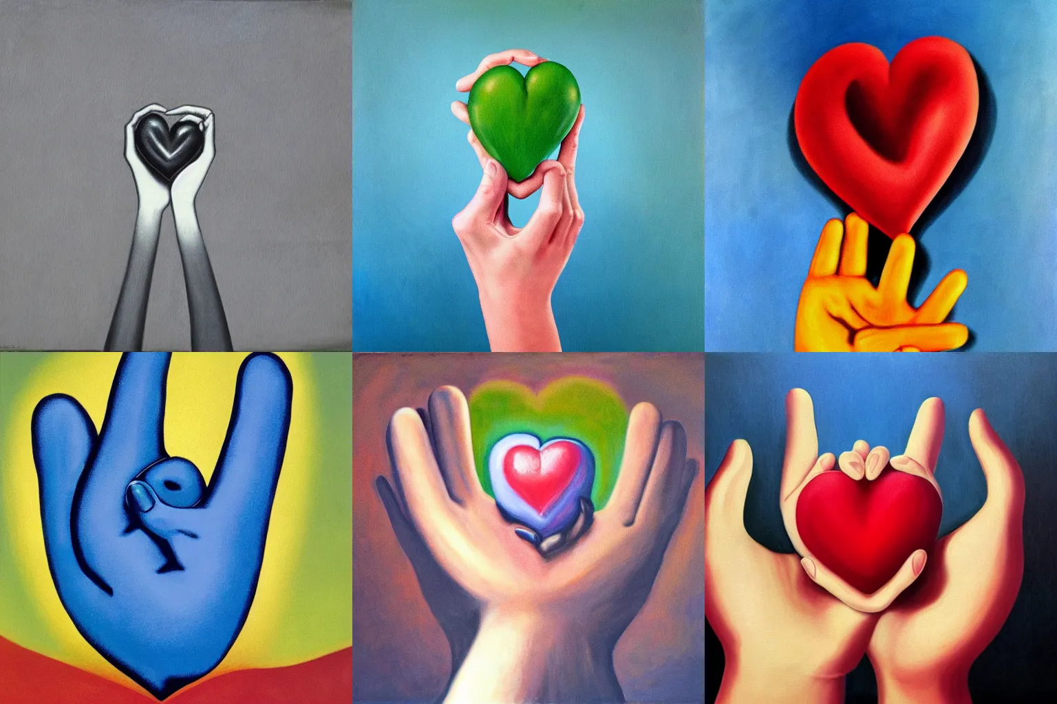 Prompt: A surrealistic painting of a giant hand holding a tiny heart on its palm.