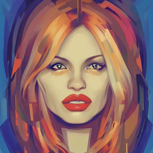 Prompt: alternative pamela anderson portrait look alike, cubism abstract, art by ross tran style reminiscent of illustrative children books, digital art