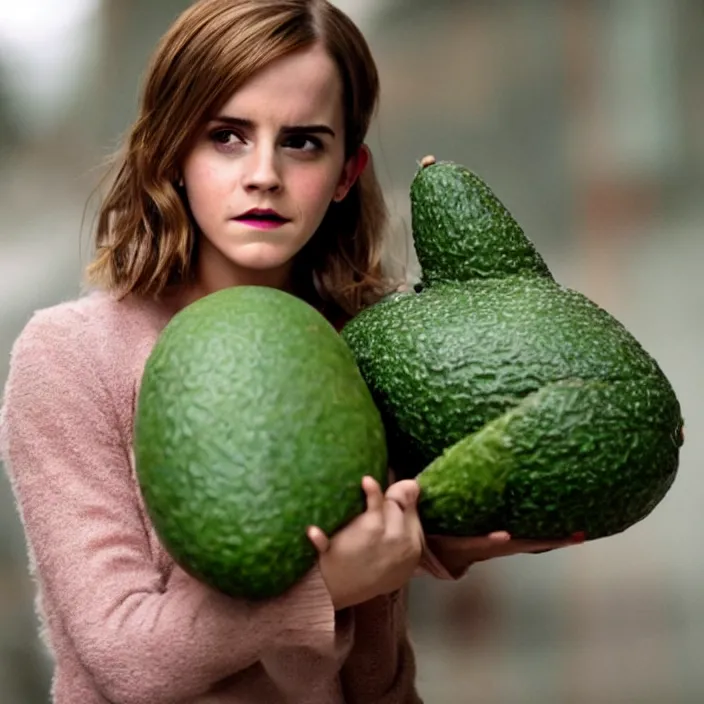 Image similar to emma watson as a live action avocado, movie still, 8 k
