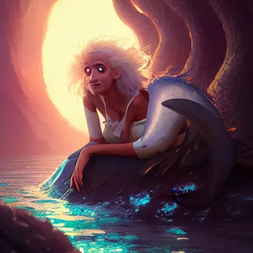 Image similar to portrait of doc brown sitting on arielle the mermaid, disney animation, sharp, illustration, sharp, fanart, anime key art by greg rutkowski, bloom, dramatic lighting sharp focus, cinematic, artbook, smooth, centered