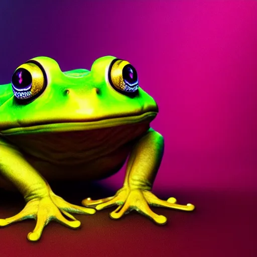 Image similar to illuminated cyber frog, vivid colors, high details, cinematic, 8k resolution, beautiful detailed, photorealistic, digital painting, artstation, concept art, smooth, sharp focus, illustration, fantasy background, artstation trending, octane render, unreal engine