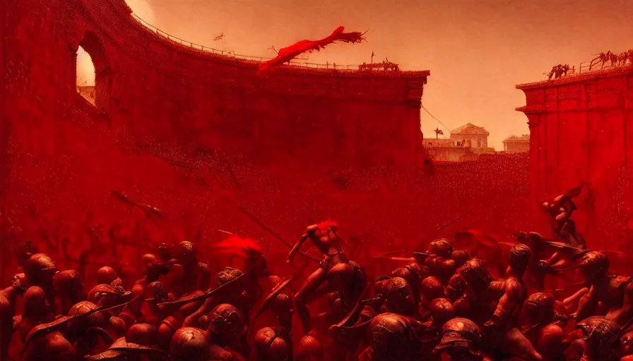 Image similar to only with red, bloody gladiator battle in a crowded roman amphitheatre, crowd cheering, in the style of beksinski and edward hopper and rodcenko and yue minjun and greg rutkowski, intricate and epic composition, red by caravaggio, highly detailed, masterpiece, red light, artstation, art nouveau