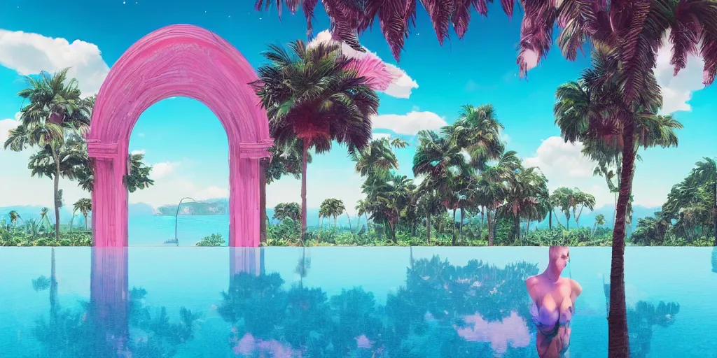 Image similar to artgem and Beeple masterpiece, hyperrealistic surrealism, award winning masterpiece with incredible details, epic stunning, infinity pool, a surreal vaporwave liminal space, highly detailed, trending on ArtStation, calming, meditative, pink arches, palm trees, very vaporwave, very very surreal, sharp details, dreamscape, giant head statue ruins