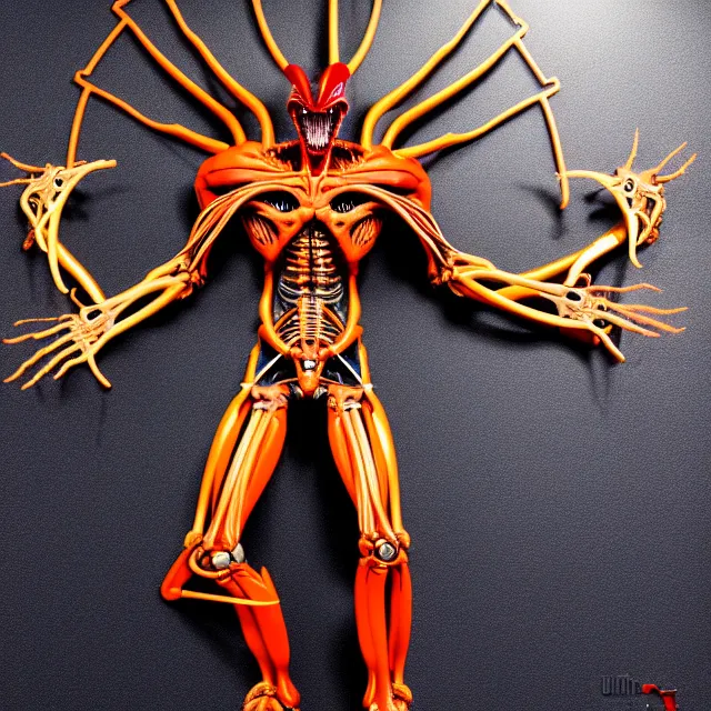 Prompt: full profile of evangelion xenomorph as circular vitruvian man by biomechanical, ultra wide angle, full body, no crop, golden ratio, ultra details