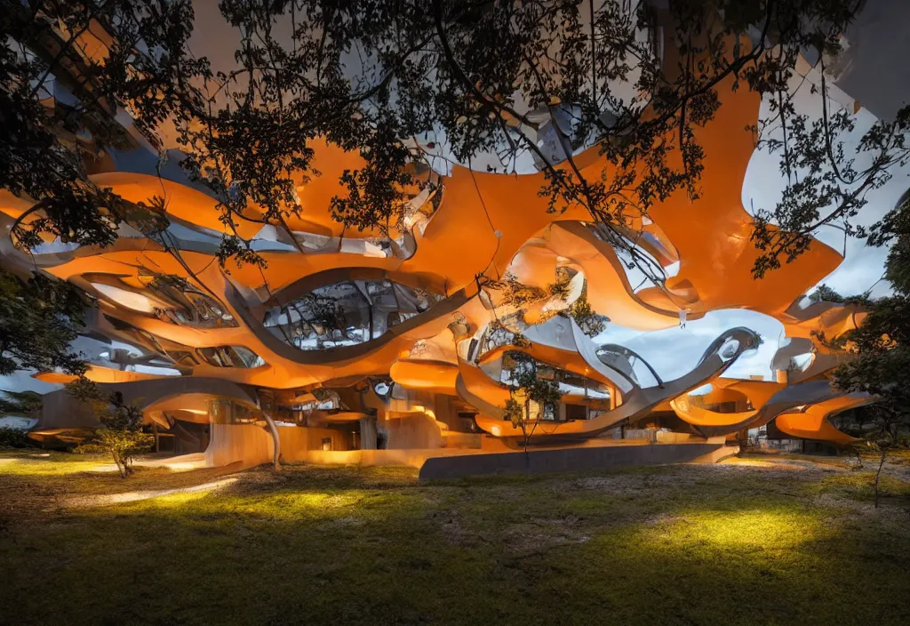 Image similar to photo of the exterior of a futuristic organic japanese house, dramatic lighting, black and orange colour palette, wide angle shot, archviz