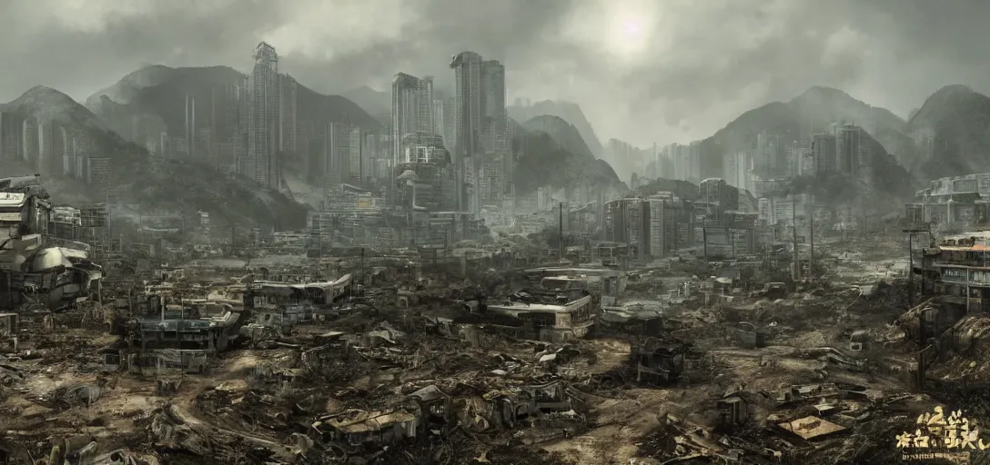 Prompt: A photorealistic and highly detailed landscape of post apocalyptic Hong Kong set in the Fallout Universe