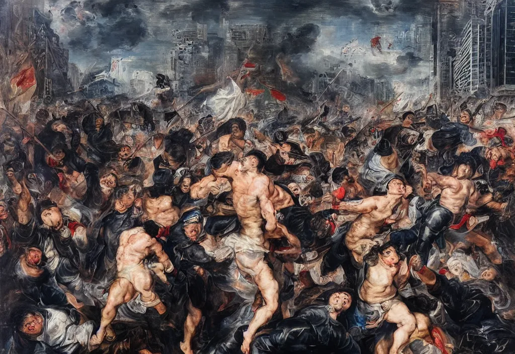 Prompt: 2 0 2 1 hong kong riot portrait by peter paul rubens. city buildings in the background.