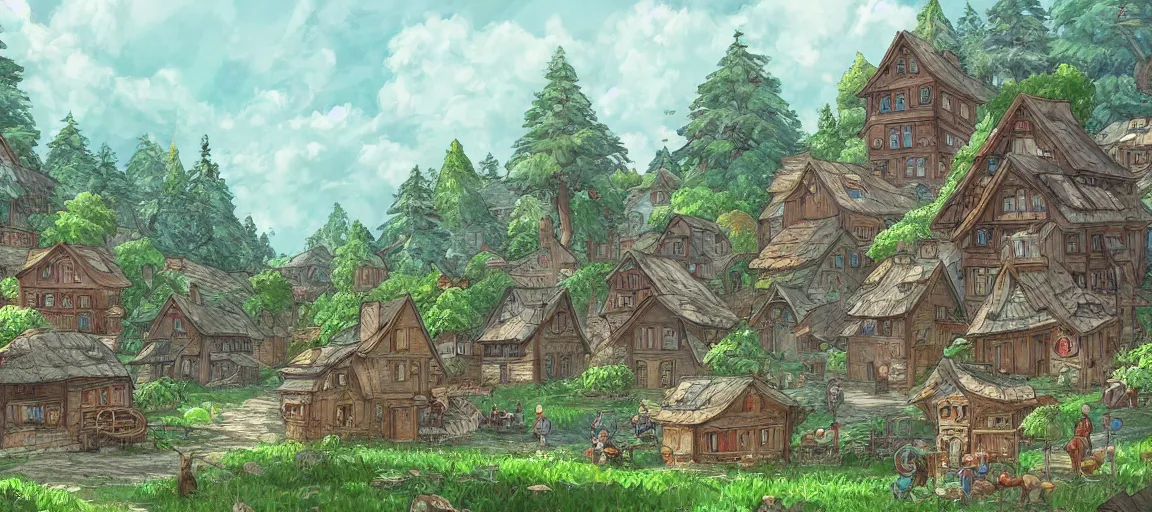 Image similar to Beautiful detailed high quality illustration of a Slavic village, beautiful forest on background::art by Ghibli Studio, League of Legends, Arcane, Wild Rift, trending on artstation