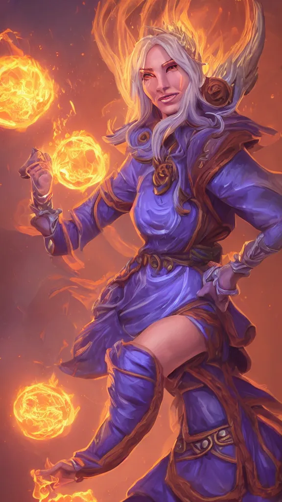 Image similar to hearthstone official professional art. a sorceress, wearing a robe casting a fire ball. insanely coherent physical body parts ( face, arms, legs, hair, eyes, pupil, eye white ). full body realistic, sharp focus, 8 k high definition, insanely detailed, intricate, elegant, smooth, sharp focus, illustration, artstation