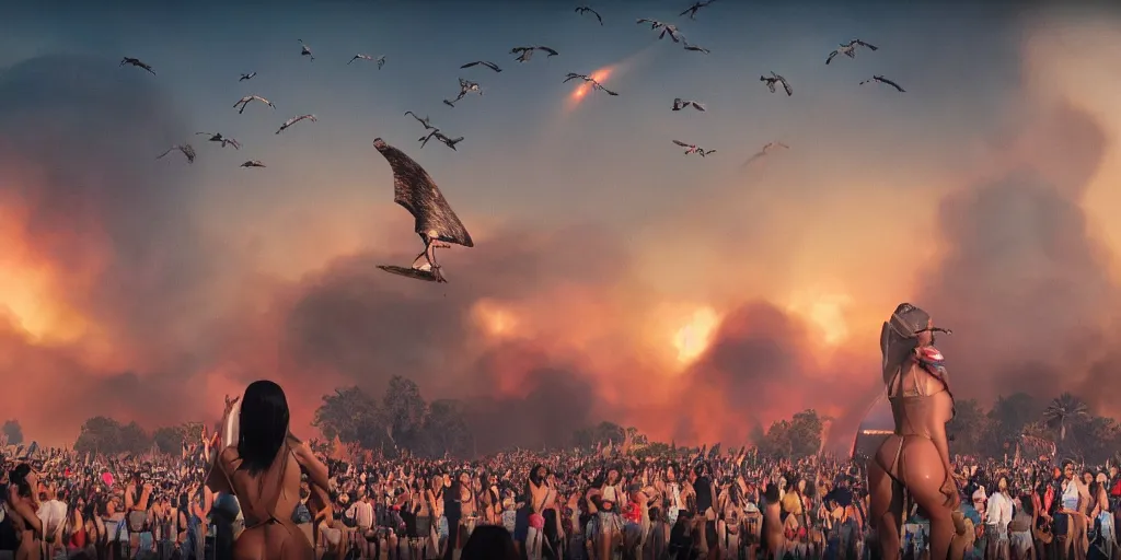 Prompt: realistic cinematic views of a orwellian coachella with wildfires in the background and dead seagulls falling from the sky in front of the main stage worshipping a large statue of kim kardashian and kylie jenner, hyper detailed, terror glows, hyper realistic, digital painting, 8 k, 3 5 mm film grain, octane render