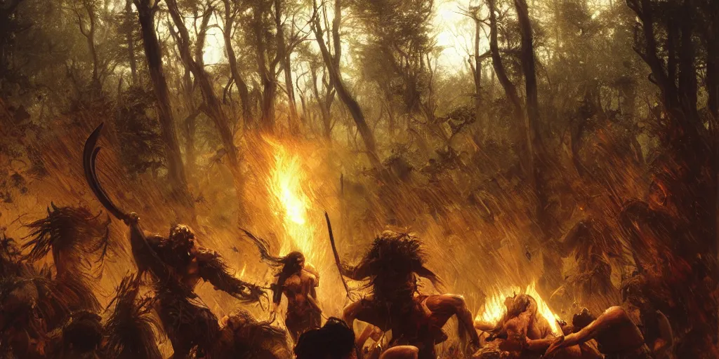 Prompt: barbarian norse god pushes an attacking racen from his face, dense forest, dusk, sunset, campfire, horizontal symmetry inception good composition artstation illustration sharp focus, vista painted by ruan jia raymond swanland lawrence alma tadema zdzislaw beksinski norman rockwell tom lovell alex malveda greg staples