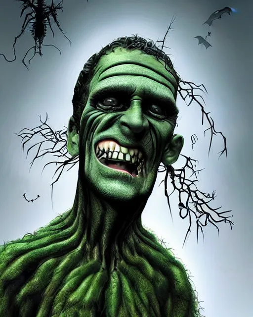 Image similar to halloween frankenstein's monster theme surrealist art in the styles of igor morski, jim warren, and a tim burton film, intricate, hyperrealistic, accurate facial details, profile picture with chromakey!!!!! background, milk - bath effect, volumetric lighting