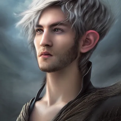 Image similar to a portrait of a handsome elven prince, white fringy hair, backlit, incredible lighting, strong rim light, subsurface scattering, epic beautiful landscape, highly detailed, god rays, digital painting, HDRI, by Heise Jinyao, Heise-Lian Yan Fang, Feimo, Richard Taddei, vivid colors, high contrast, 8k resolution, intricate, photorealistic, smooth