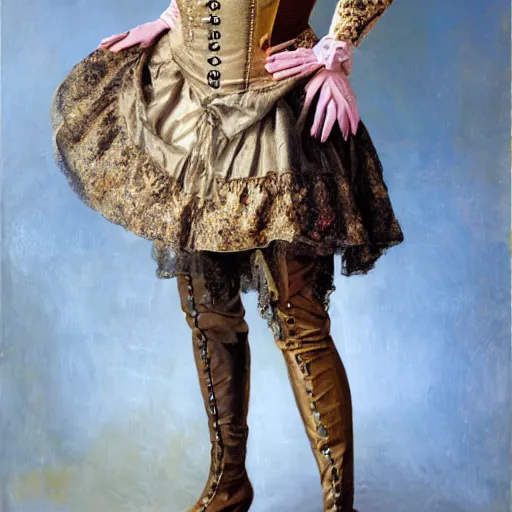Prompt: A woman dressed in an 18th Century Steampunk costume wearing an intricate metal mask and high heeled knee length boots, in the style of Willam Etty, painterly, realistic, natural media, oil painting, full figure, asymmetrical, standing pose, 4k