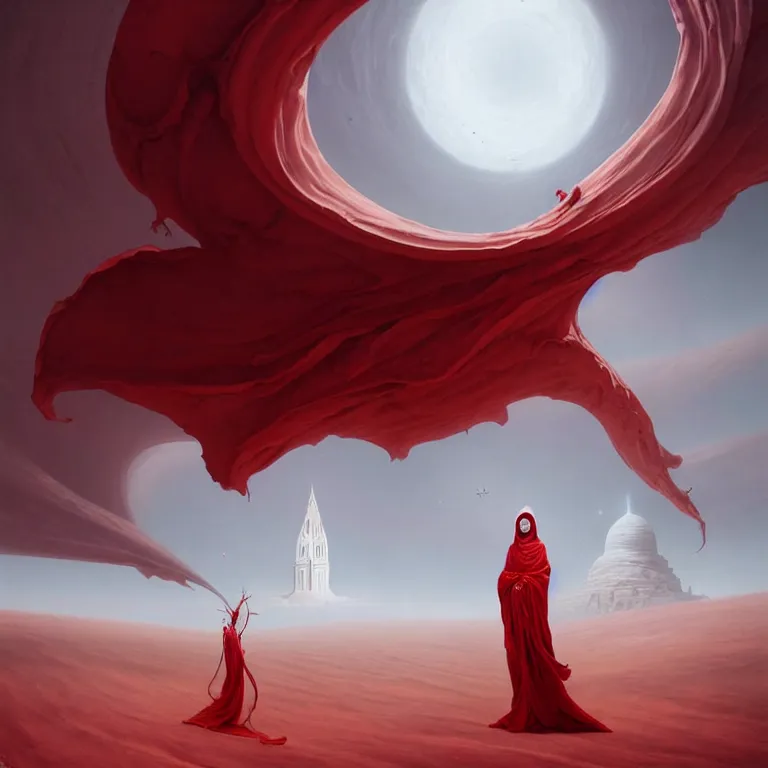 Prompt: one lone singular swirling otherworldly angel shrouded in red robes emerges from extensive barren white dunescape, matte painting by peter mohrbacher and filip hodas, background basilica sacre coeur, godrays, high contrast, highly detailed, a