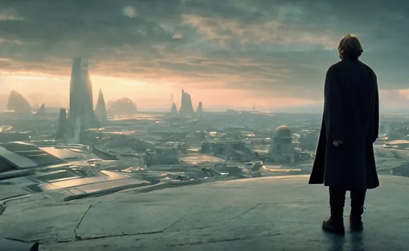 Image similar to iconic wide cinematic screen shot of luke skywalker downtrodden standing with a view of coruscant at sunset, from the thrilling scene from the hbo succession, moody cinematography, foggy volumetric lighting, hyper detailed scene, anamorphic lenses 2 4 mm, lens flare, award winning