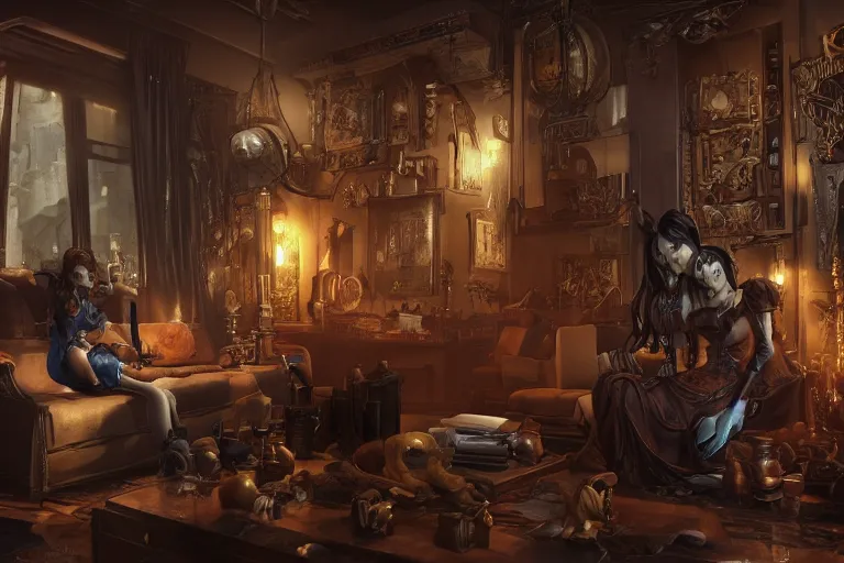 Image similar to beautiful women in the interior of a steampunk apartment, by Joe Madureira, 3d scene, render, ultra realistic, ray tracing, night time, volumetric light, artstation, cgsociety, level design, unreal engine, 3d scene, zenith view