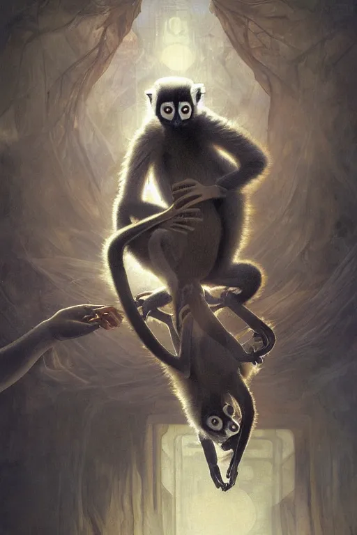 Image similar to lemur inventor, physically accurate, moody dynamic lighting, very very intricate, very very elegant, highly detailed, digital painting, artstation, HR GIGER, Hieronymus Bosch, Francis Bacon, concept art, smooth, very beautiful, sharp focus, illustration, art by artgerm and greg rutkowski and alphonse mucha