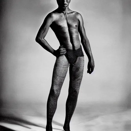 Image similar to a man with scales, large format film fashion photograph by richard avedon