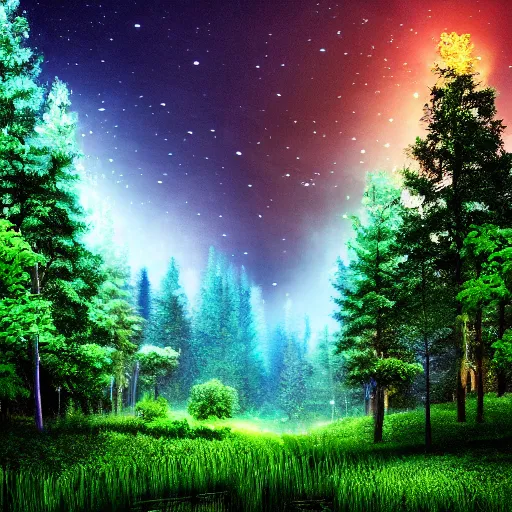Image similar to professional photograph of a forest of trees. little specs of fireflies and a river in between leading to a water fall, photo realism, perfect lighting