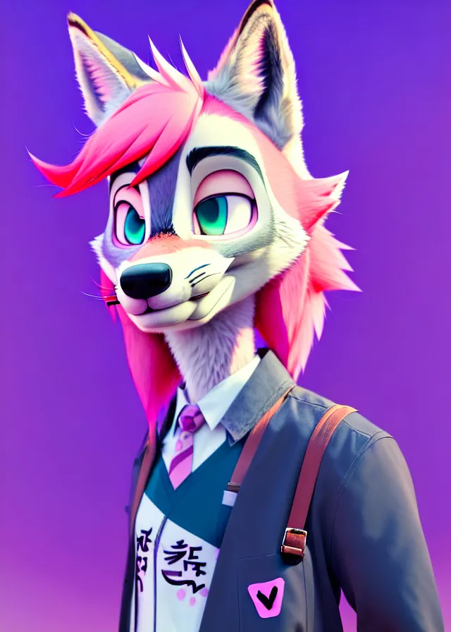 Image similar to portrait of a cute male anime wolf with pink hair and pink wolf ears and freckles stylish clothes in a city in the style of zootopia, volumetric lighting, subsurface scattering, photorealistic, octane render, random artists
