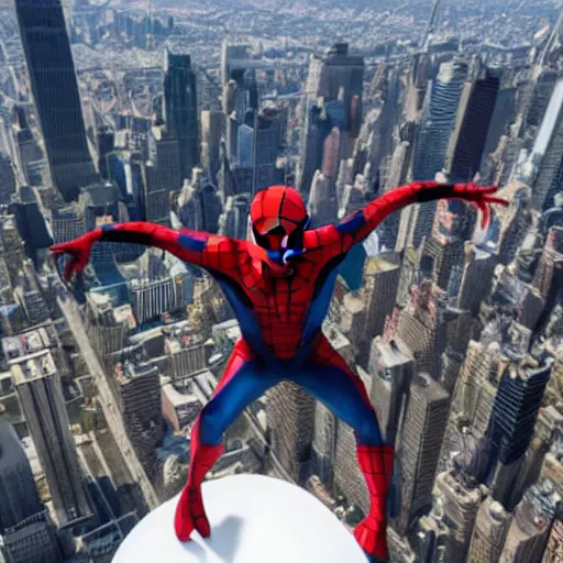 Image similar to marvel spider - from back hands on waist standing on top of the empire state building