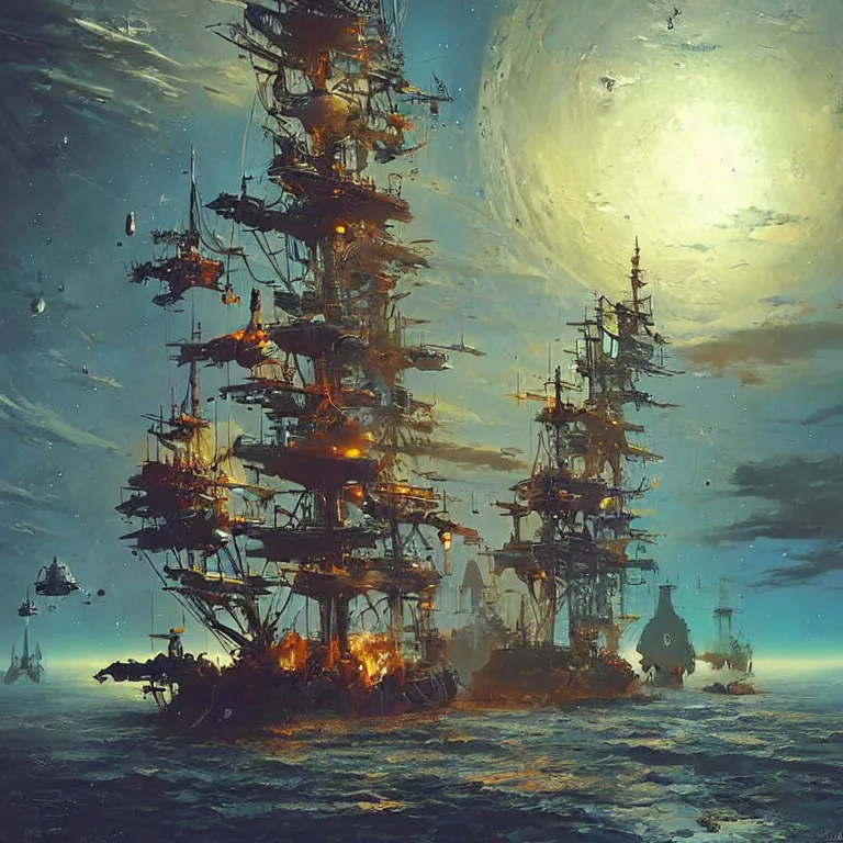 Prompt: pirate ship in space, sci-fi concept art, by * Simon Stålenhag, by John Berkey, highly detailed