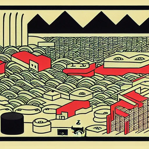 Image similar to isometric urban dashboard with time series charts, pie plots and other modern graphics, with small creatures swimming on it. monografia by diego rivera ( ukiyo - e influence )