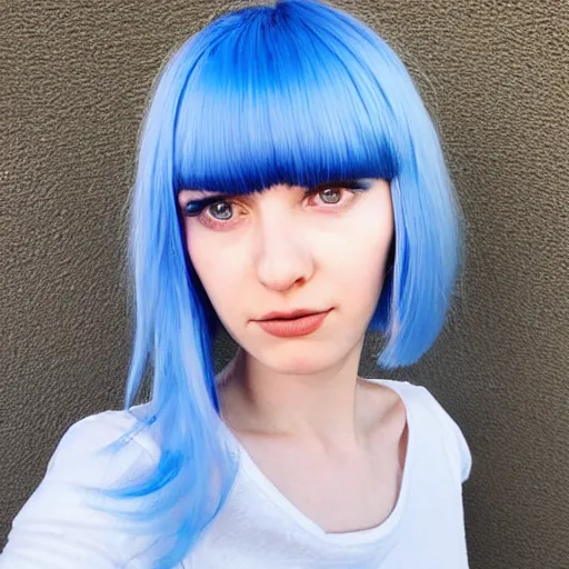 Image similar to a pale girl with blue hair, sideswept bangs, soft facial features, looking directly at the camera, neutral expression, instagram picture