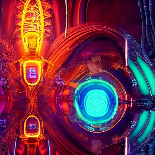 Image similar to symmetry!! a cyberpunk dogon priest opening a steampunk neon portal from within the void, alien cold fusion time machine, by machina infinitum and android jones, surreal psychedelic portrait style, dim lit, rim light, intricate and detailed environment, radiant lighting, fractal with infinite intricacy background, rendered in octane,