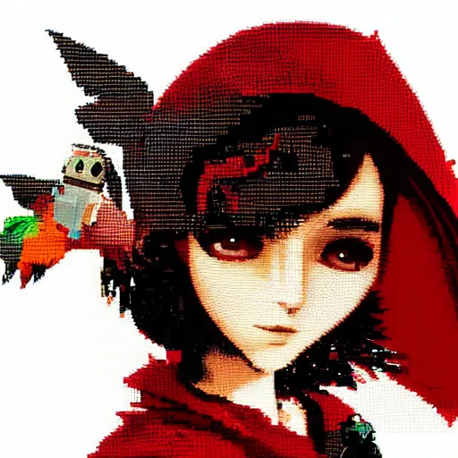 Image similar to portrait of a daydreaming latina woman in a red riding hood monk custome being progressively rasterized into pixels, surrounded by digital birds and a loving robot, by yoji shinkawa, esao andrews and dave mckean