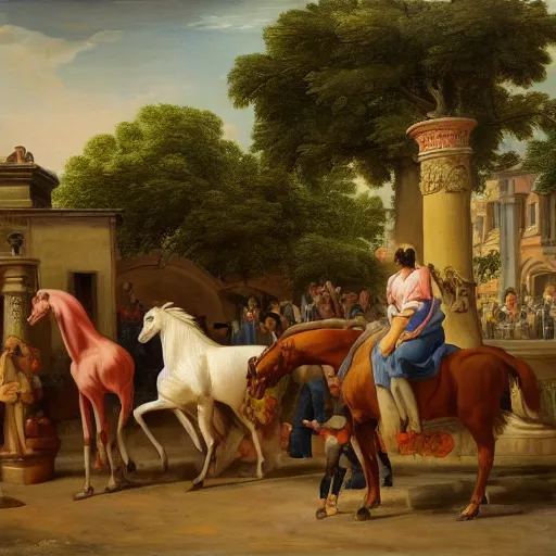 Prompt: vegetable market, horses, town, people, neoclassicism