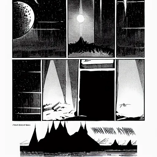 Image similar to A pitch black lake, reflecting the moon. Dark Fantasy, Film Noir, Black and White. High Contrast, Mike Mignola, D&D, OSR
