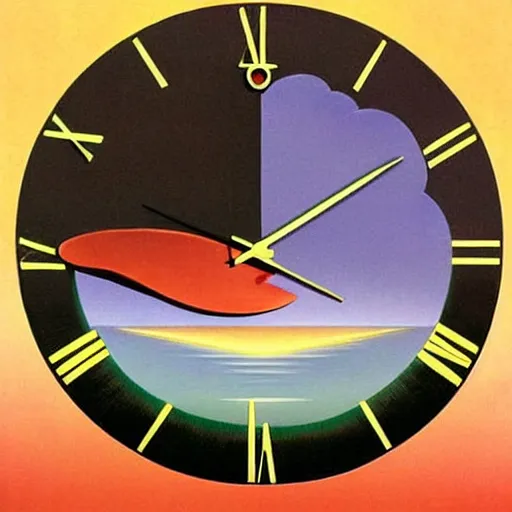 Image similar to synchronicity clock illustration detailed surrealism rene magritte