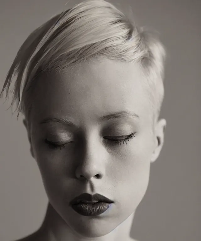 Image similar to a color photograph of edie campbell, bleached blonde short hair, by carrie mae weems, intense, bold, hyperrealistic, ultra sharp, extra details, ultra high quality, trending on pinteresst