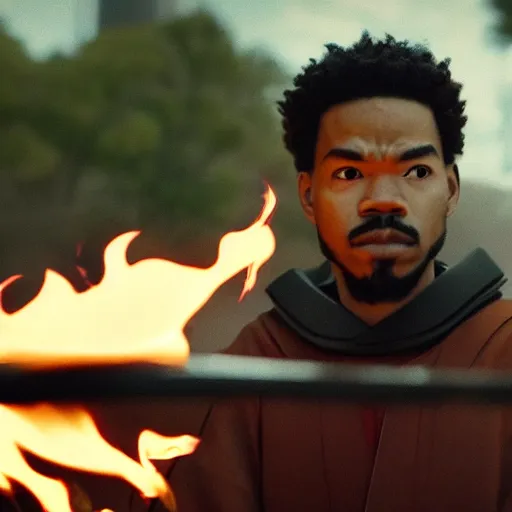 Image similar to cinematic film still of Chance The Rapper starring as a Samurai holding fire, Japanese CGI, VFX, 2022, 40mm lens, shallow depth of field, film photography